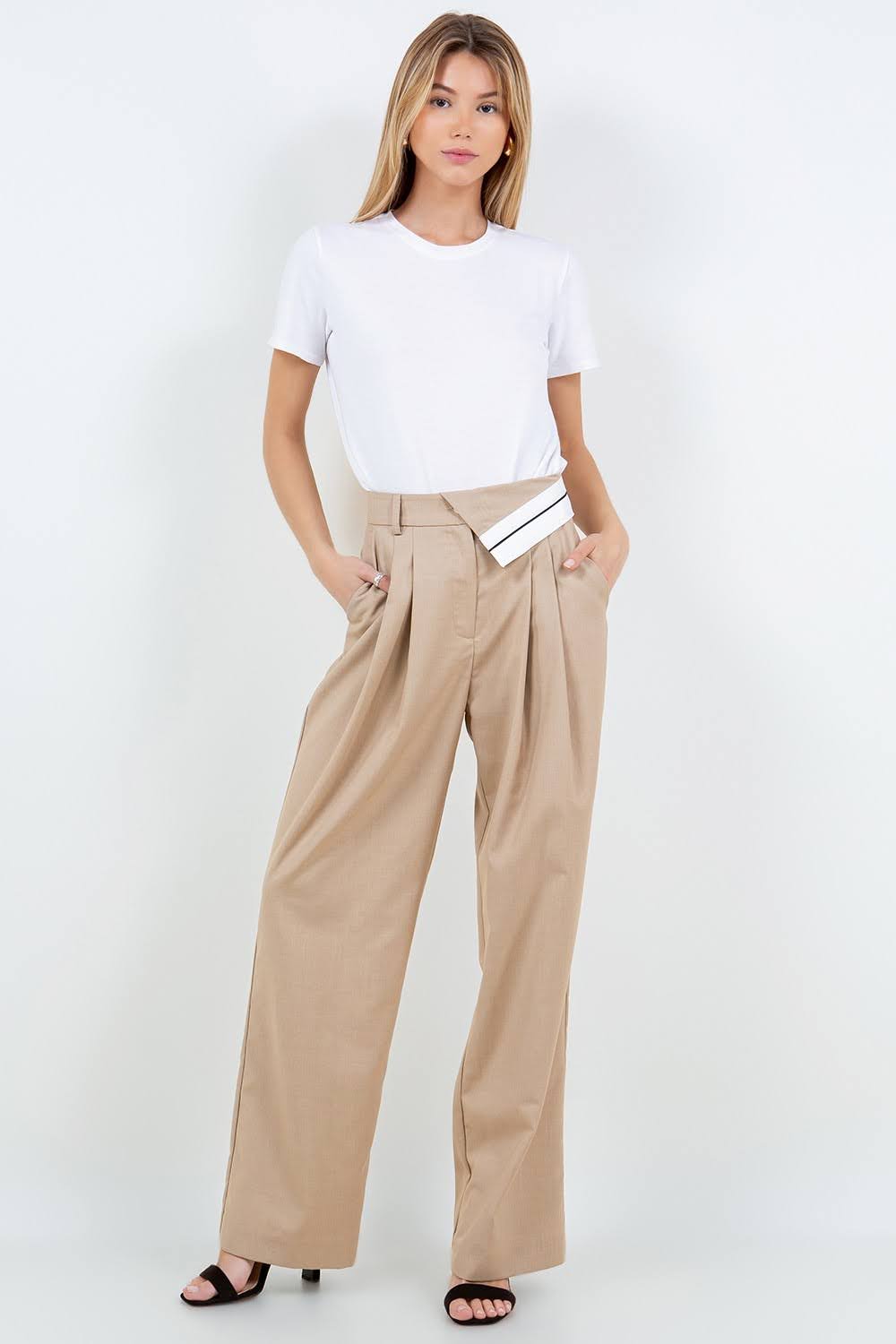 Double -waistband kaki pants