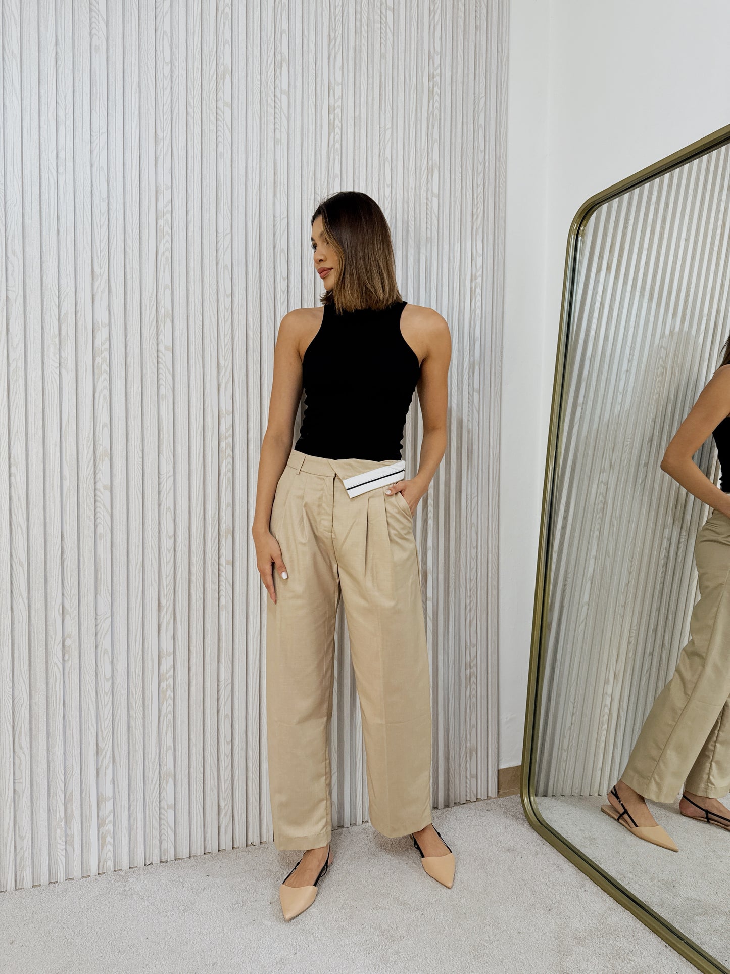 Double -waistband kaki pants