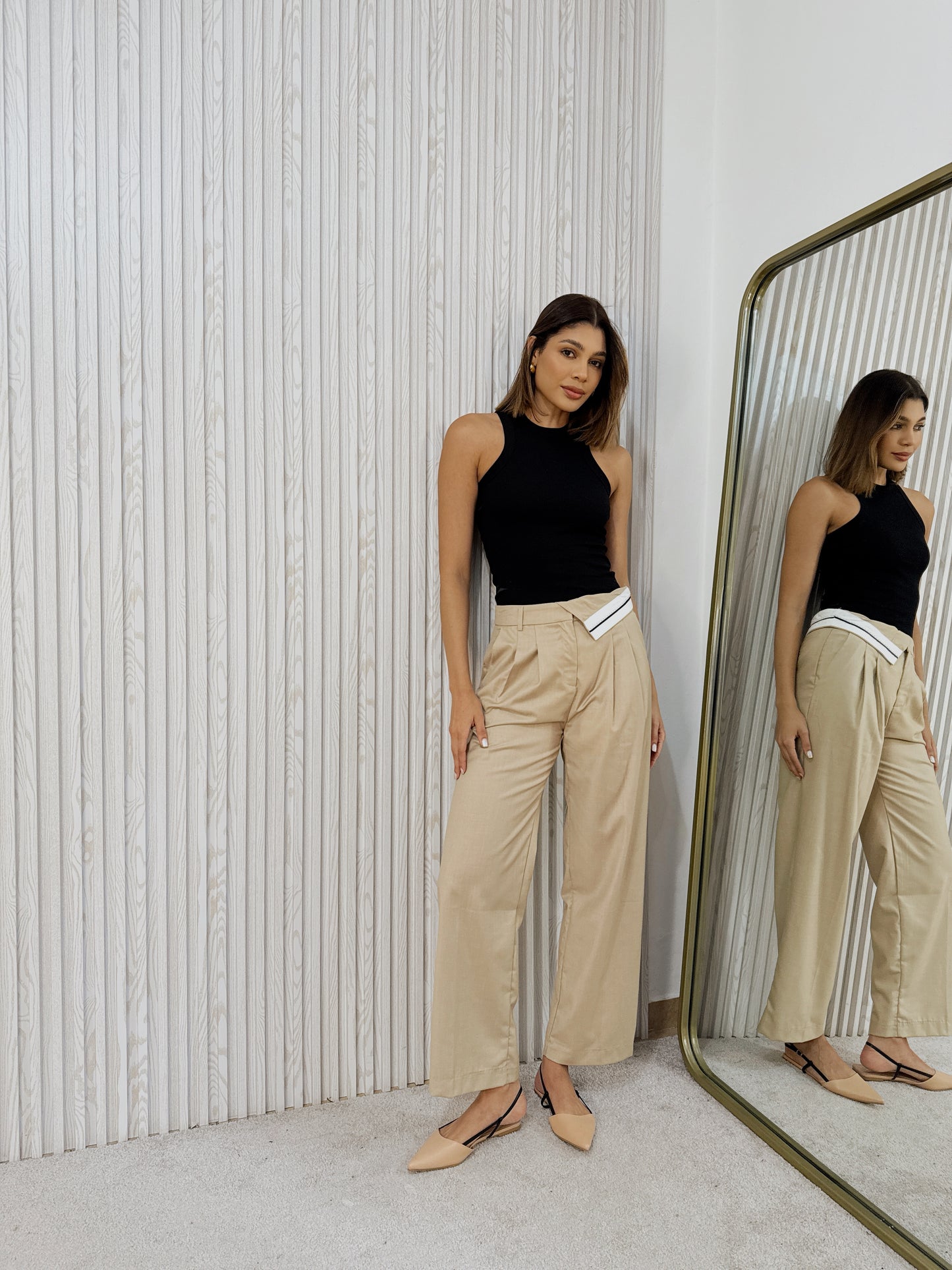 Double -waistband kaki pants