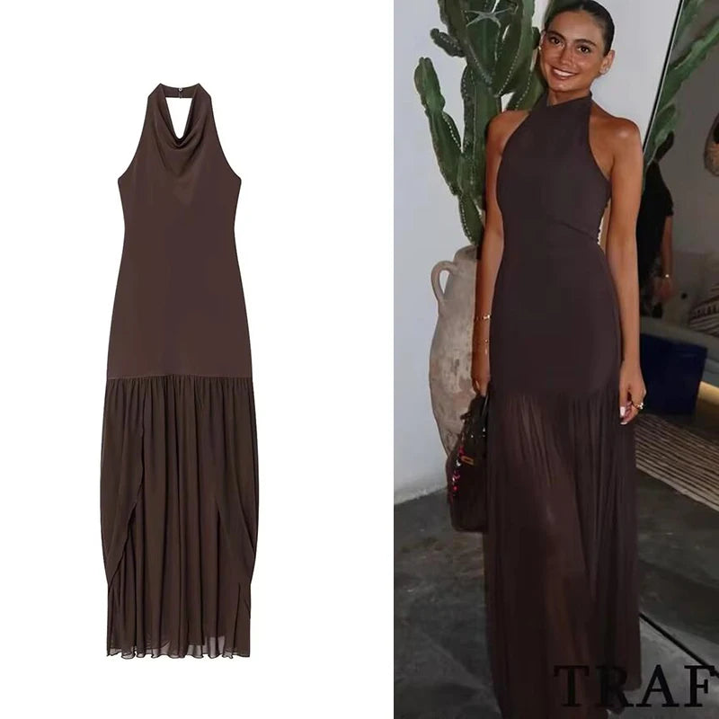 Mesh chocolate maxi dress