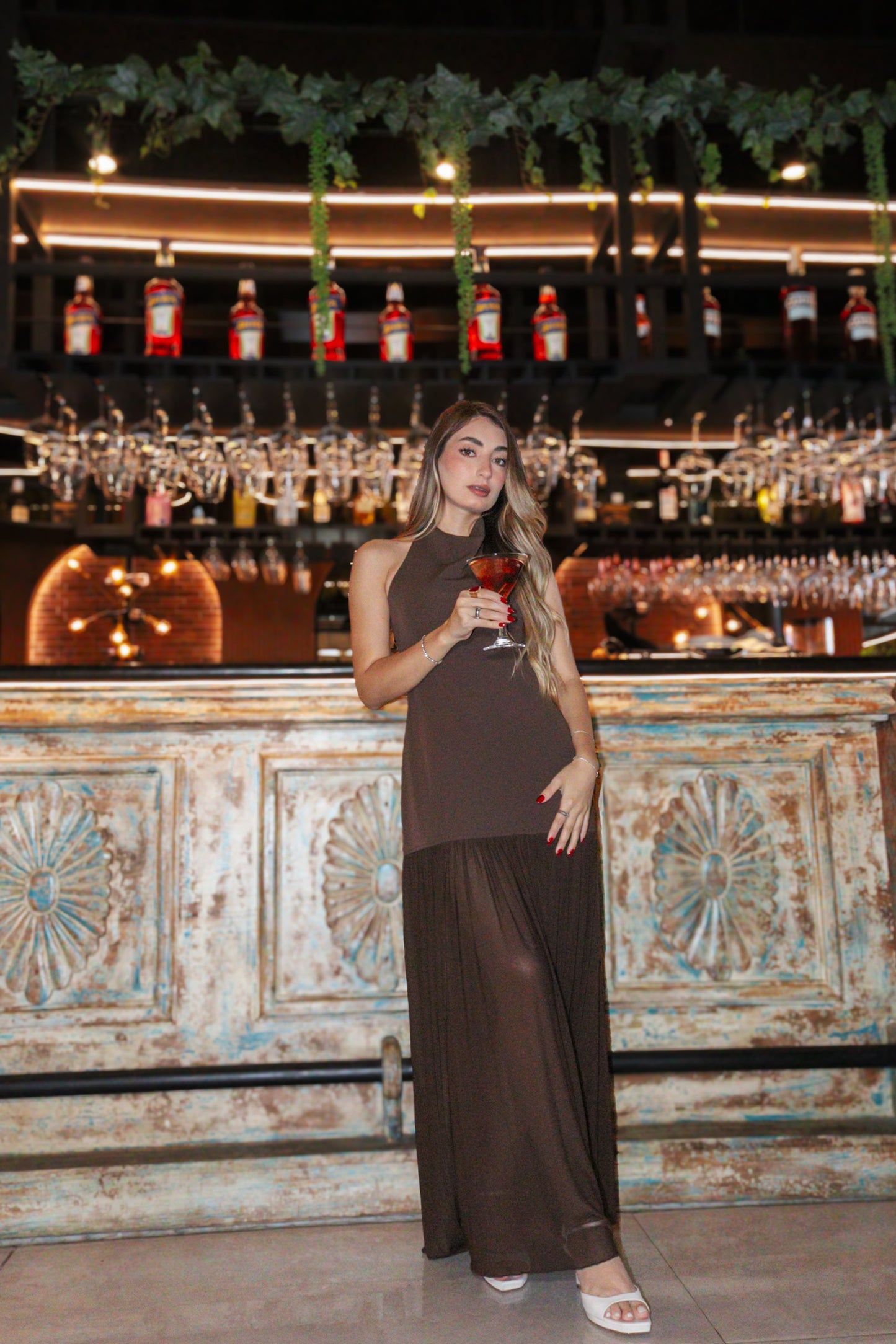 Mesh chocolate maxi dress