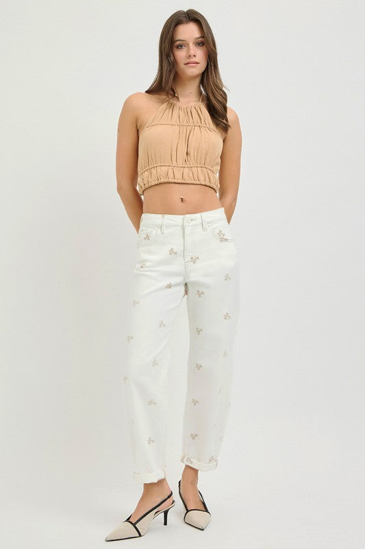 Embroidery barrel jeans