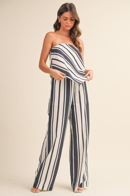 Navy blue strapless striped set