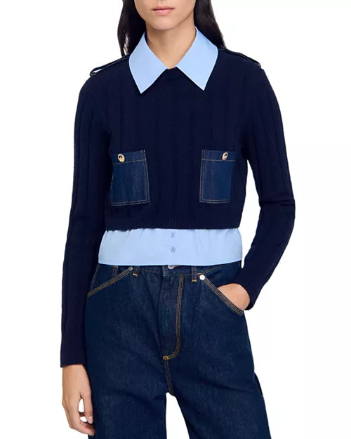 Sweater pocket denim detail
