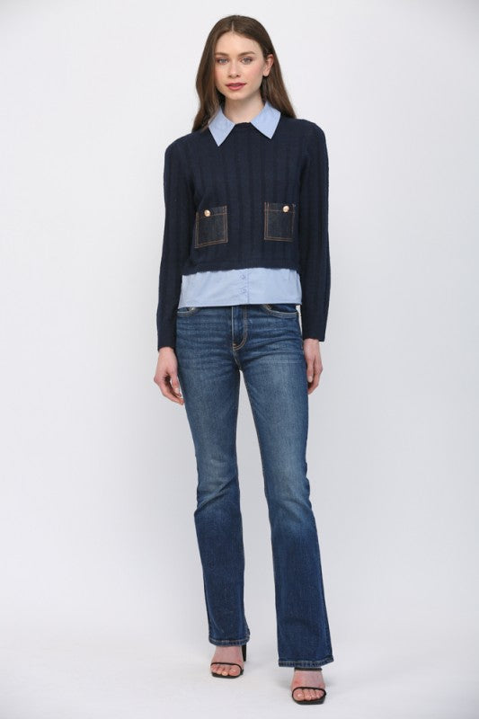 Sweater pocket denim detail